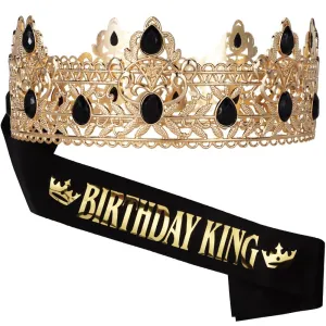 ????????? Birthday King Sash Crown & Tiara for Men Birthday Party Decorations Accessories Set for Boy Prince, Black and Gold 2PCS