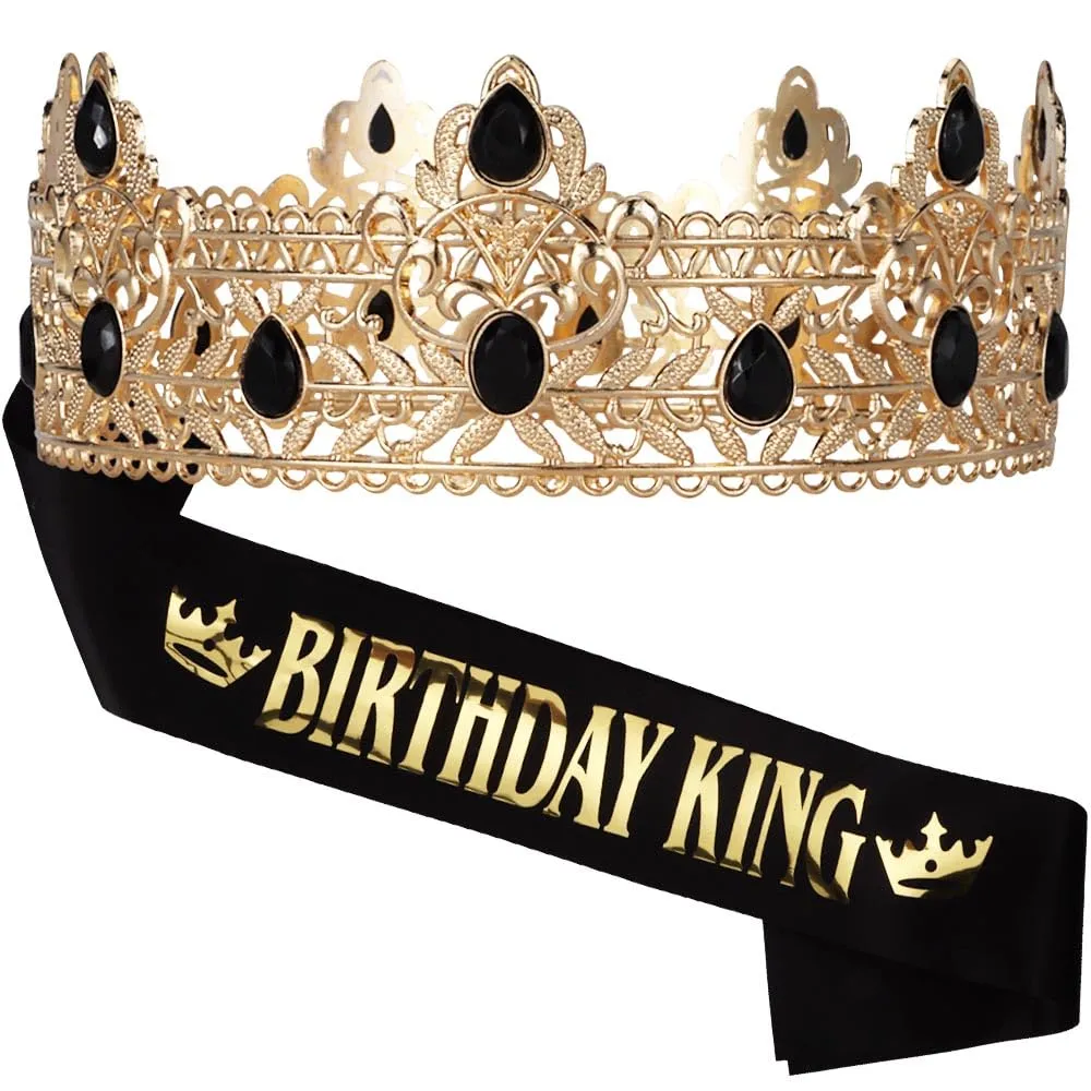 ????????? Birthday King Sash Crown & Tiara for Men Birthday Party Decorations Accessories Set for Boy Prince, Black and Gold 2PCS