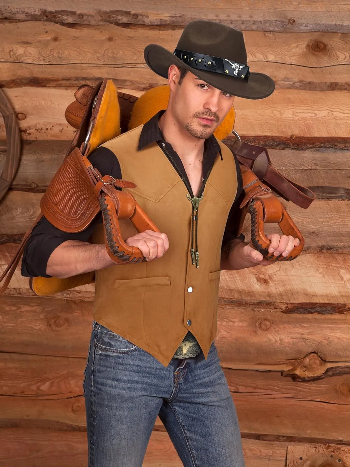 4 Pcs Western Outfits for Men Cowboy Suede Leather Vest Hat Necktie Buckle Belt for Halloween Costume Party