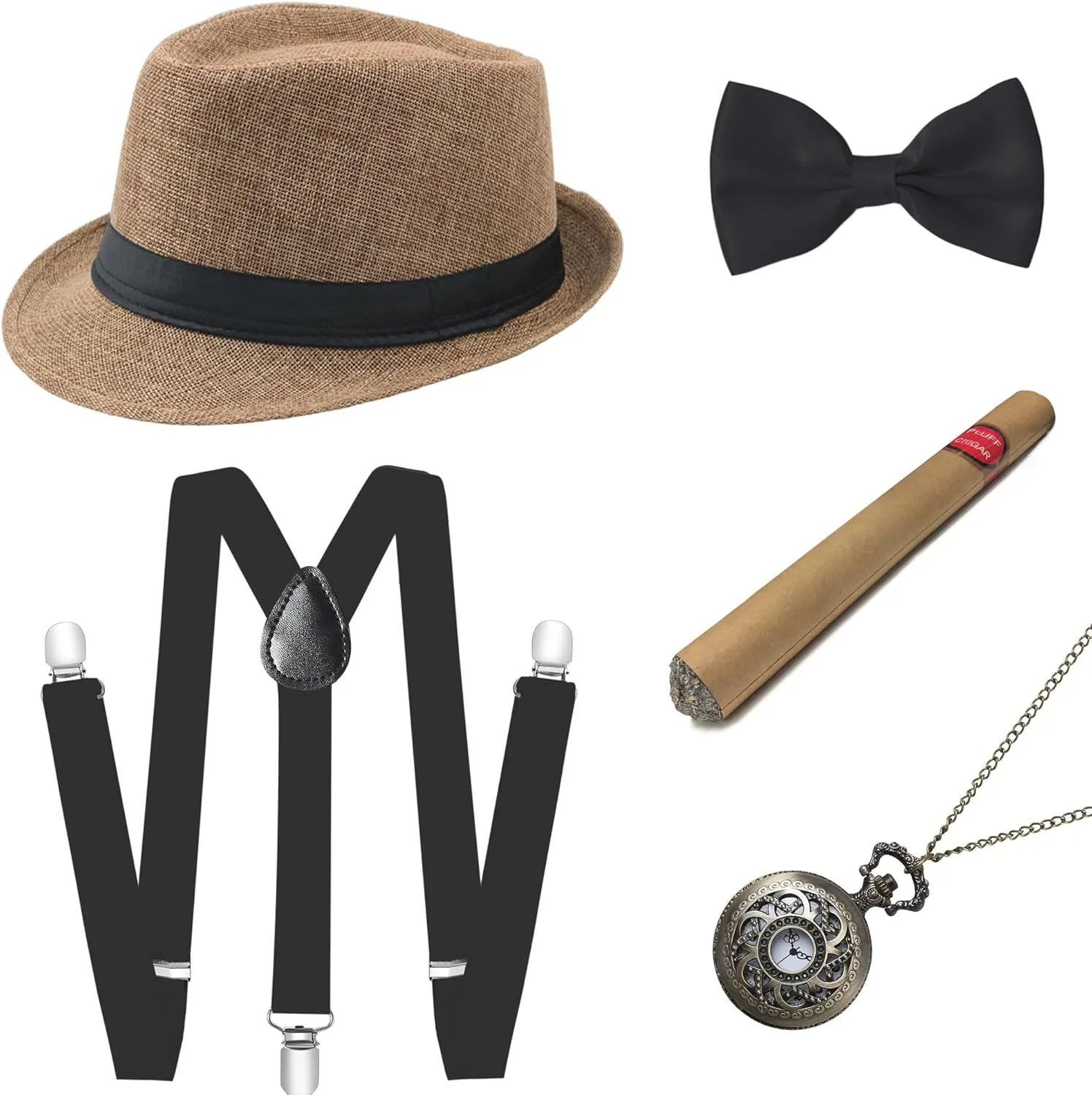 BABEYOND 1920s Mens Gatsby Gangster Accessories Set Panama Hat Suspender Bow Tie