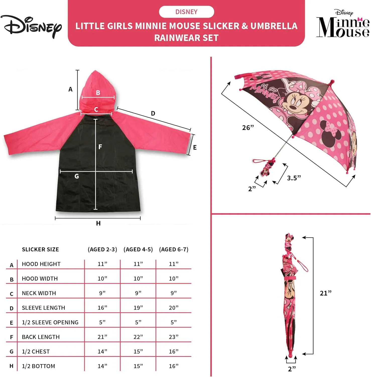 Disney Kids Umbrella and Slicker, Minnie Mouse Toddler and Little Girl Rain Wear Set, for Ages 2-7