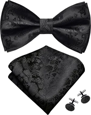 GUSLESON Mens Paisley Bow Tie Handkerchief Jacquard Woven Adjustable Pre-Tied Bowties Pocket Square Cufflinks Set