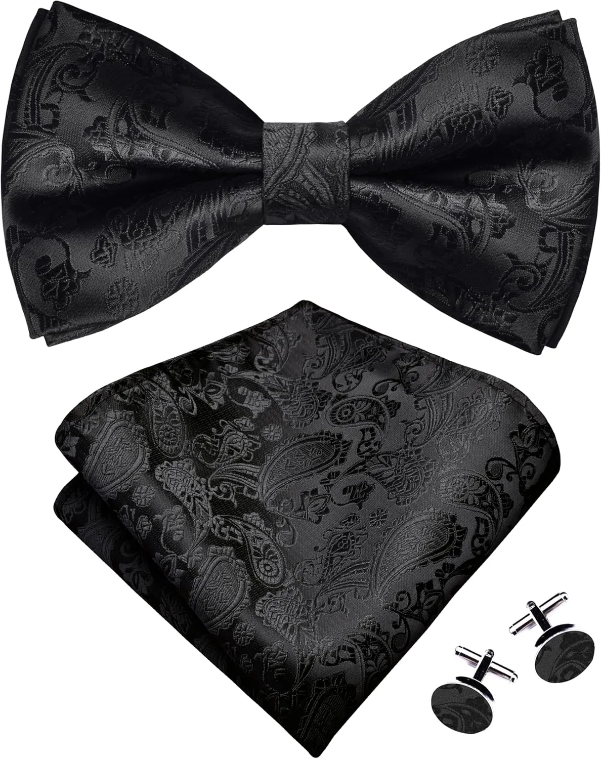 GUSLESON Mens Paisley Bow Tie Handkerchief Jacquard Woven Adjustable Pre-Tied Bowties Pocket Square Cufflinks Set