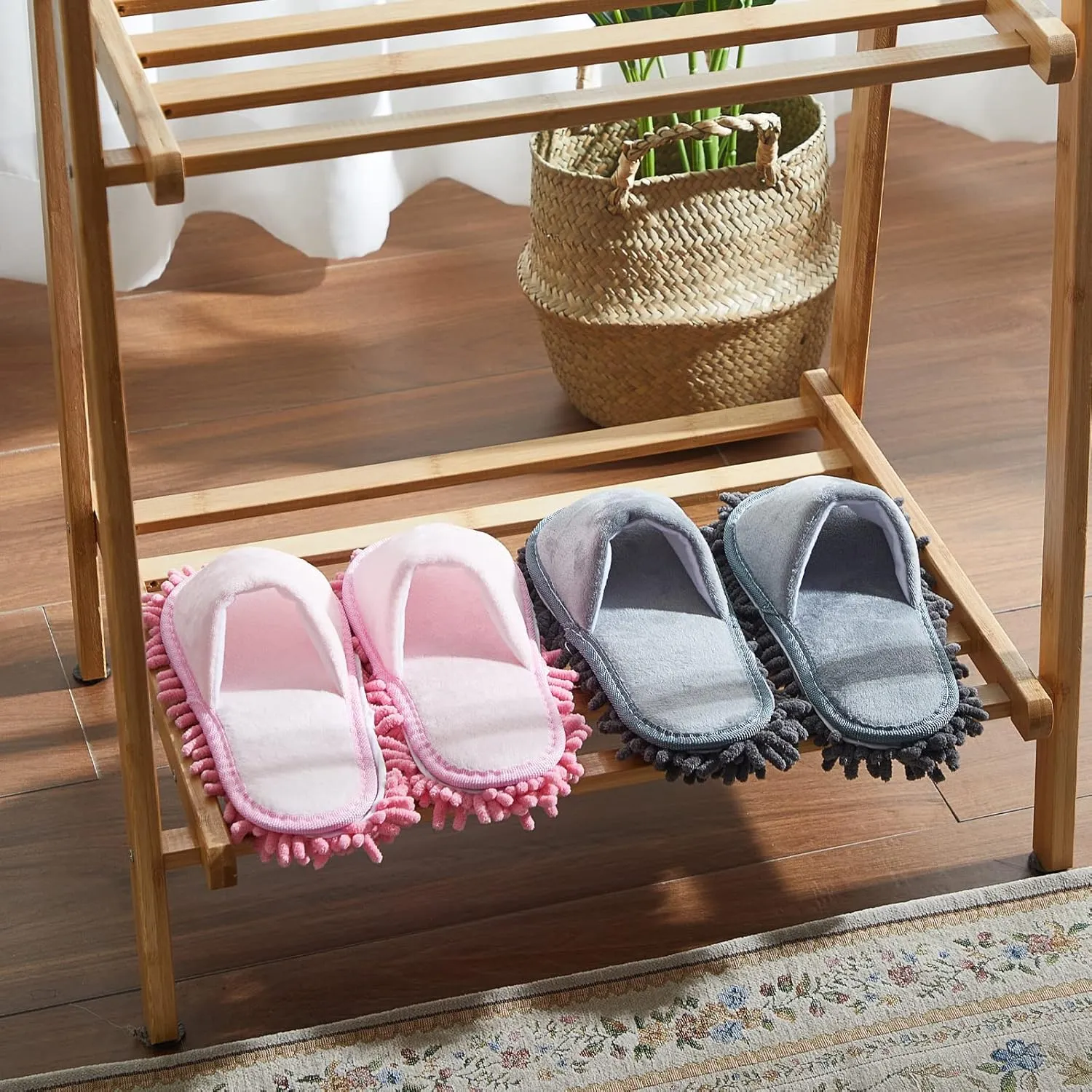 Jecery 2 Pairs Microfiber Cleaning Mop Slippers for Floor Cleaning House Mop Shoes Men and Women Washable Unisex Dusting Slippers Dirt Tool Supplies(Medium,Pink, Gray)