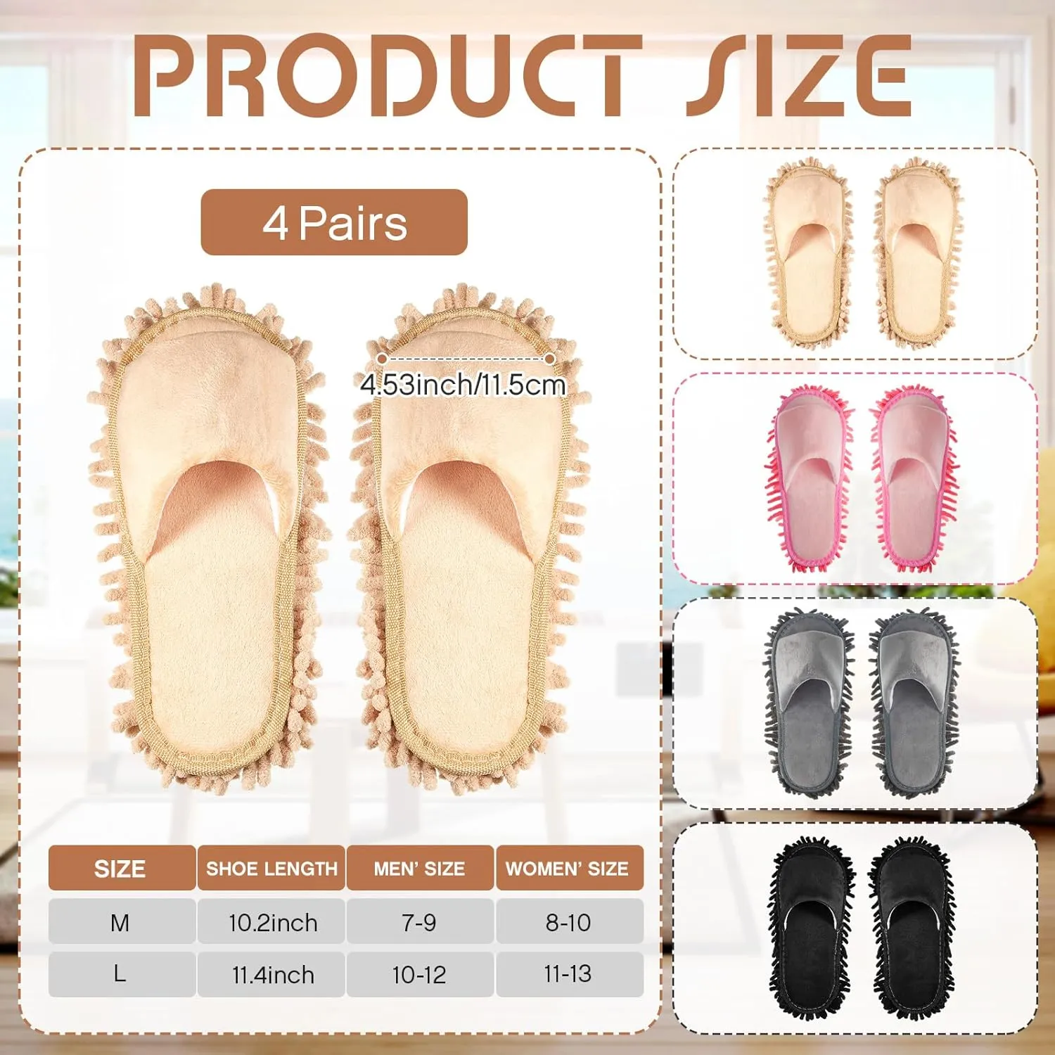 Jecery 4-Pair Washable Microfiber Mop Slippers - Detachable Dusting Shoes for Floor Cleaning, Home & Office Use - Suitable for Women & Men(M Size)