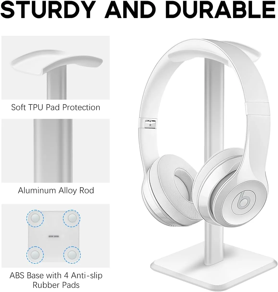 JIKIOU Headphone Stand Gaming Headset Holder Universal Aluminum Metal Headphones Holder Hanger with Aluminum Supporting Bar Flexible Headrest ABS Solid Base for All Headphone 2 Pack (White)