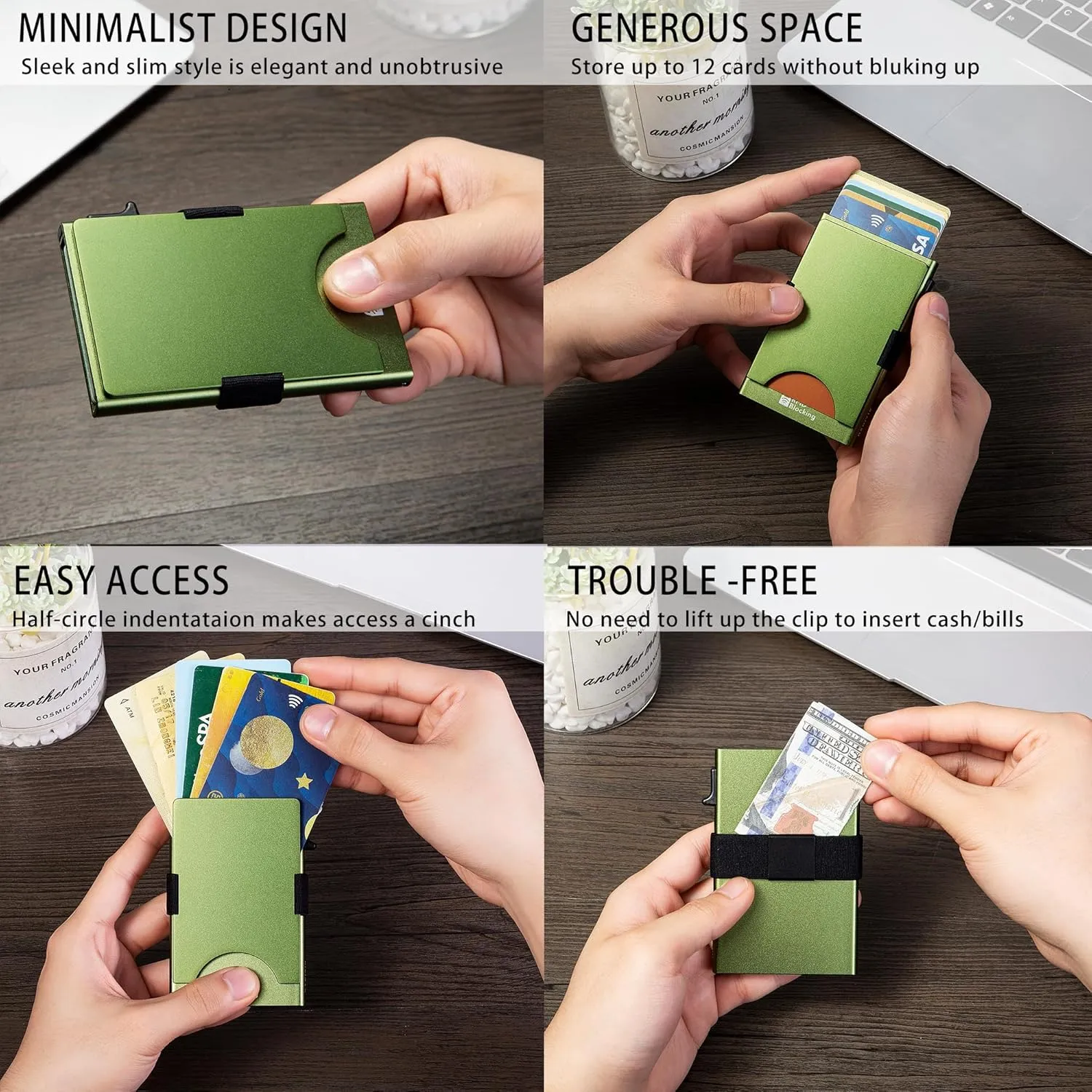 Minimalist Carbon Fiber Wallet for Men, Money Clip Cash Strap Wallet, RFID Blocking Metal Wallet Aluminum Card Holder,Front Pocket Wallet