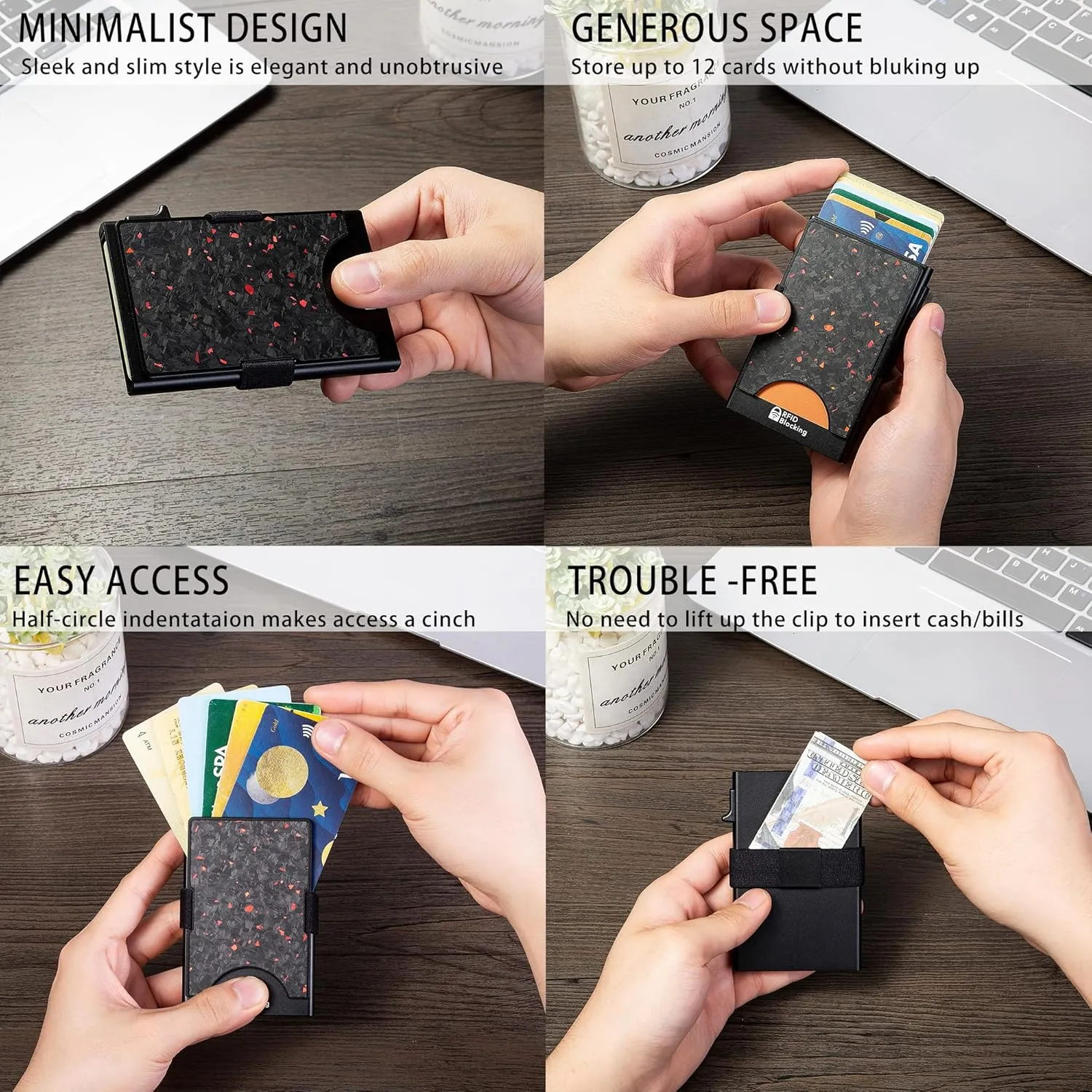 Minimalist Carbon Fiber Wallet for Men, Money Clip Cash Strap Wallet, RFID Blocking Metal Wallet Aluminum Card Holder,Front Pocket Wallet