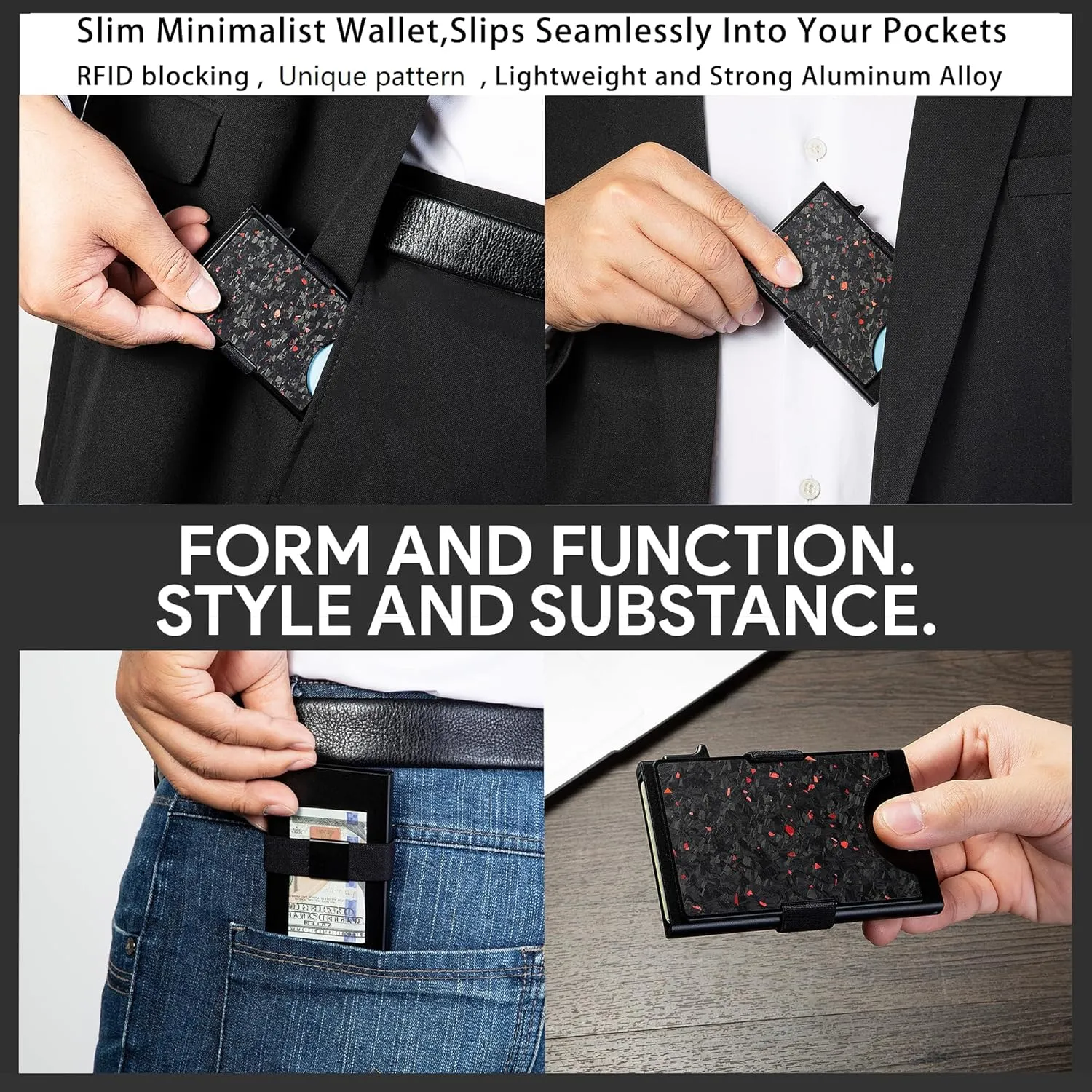 Minimalist Carbon Fiber Wallet for Men, Money Clip Cash Strap Wallet, RFID Blocking Metal Wallet Aluminum Card Holder,Front Pocket Wallet