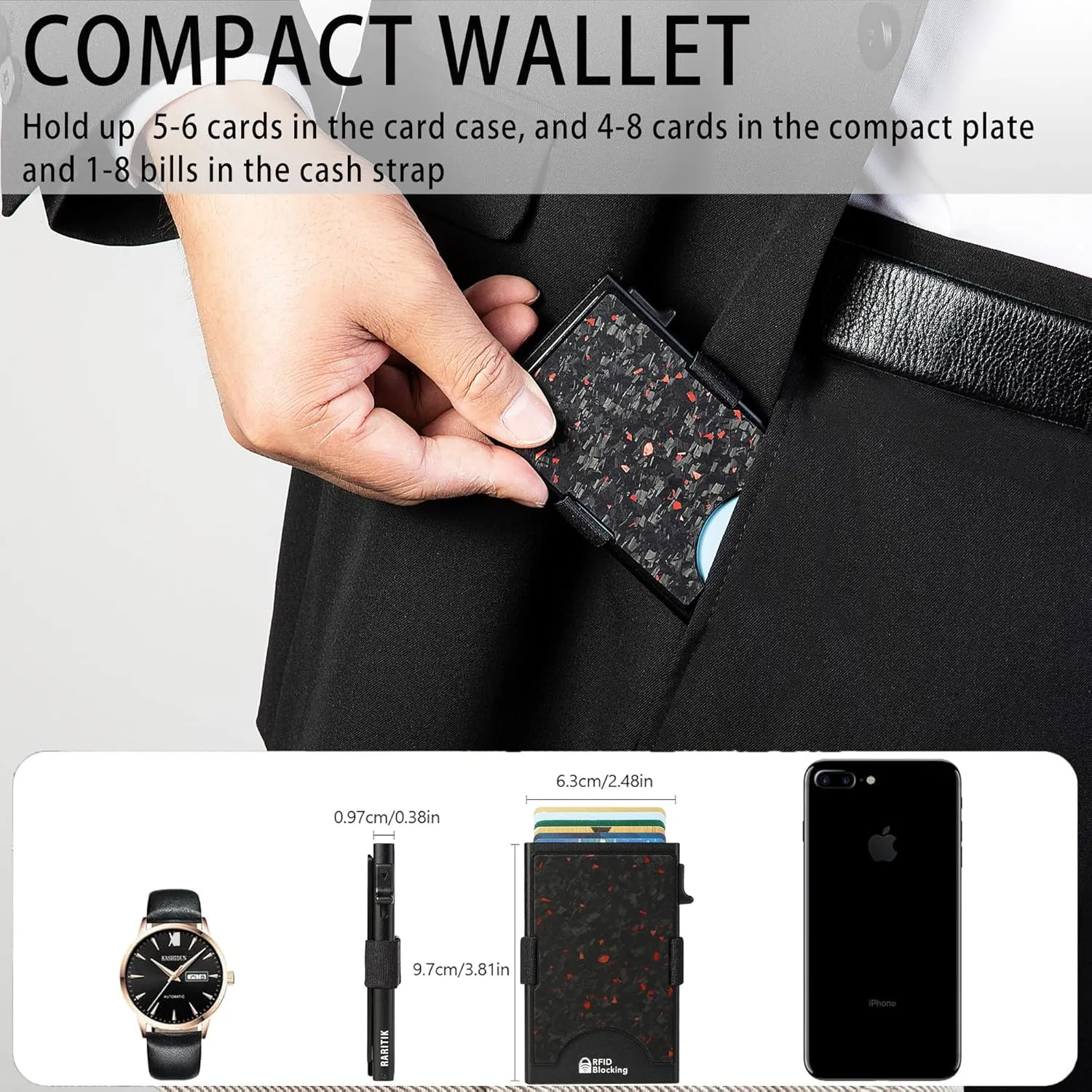 Minimalist Carbon Fiber Wallet for Men, Money Clip Cash Strap Wallet, RFID Blocking Metal Wallet Aluminum Card Holder,Front Pocket Wallet