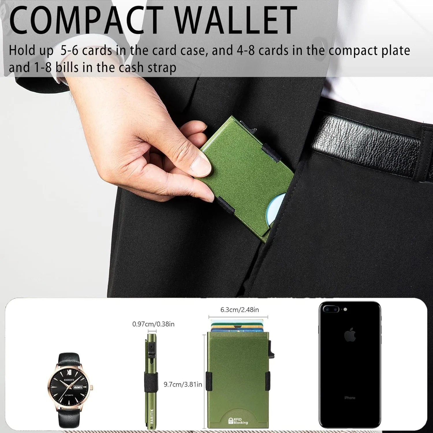 Minimalist Carbon Fiber Wallet for Men, Money Clip Cash Strap Wallet, RFID Blocking Metal Wallet Aluminum Card Holder,Front Pocket Wallet