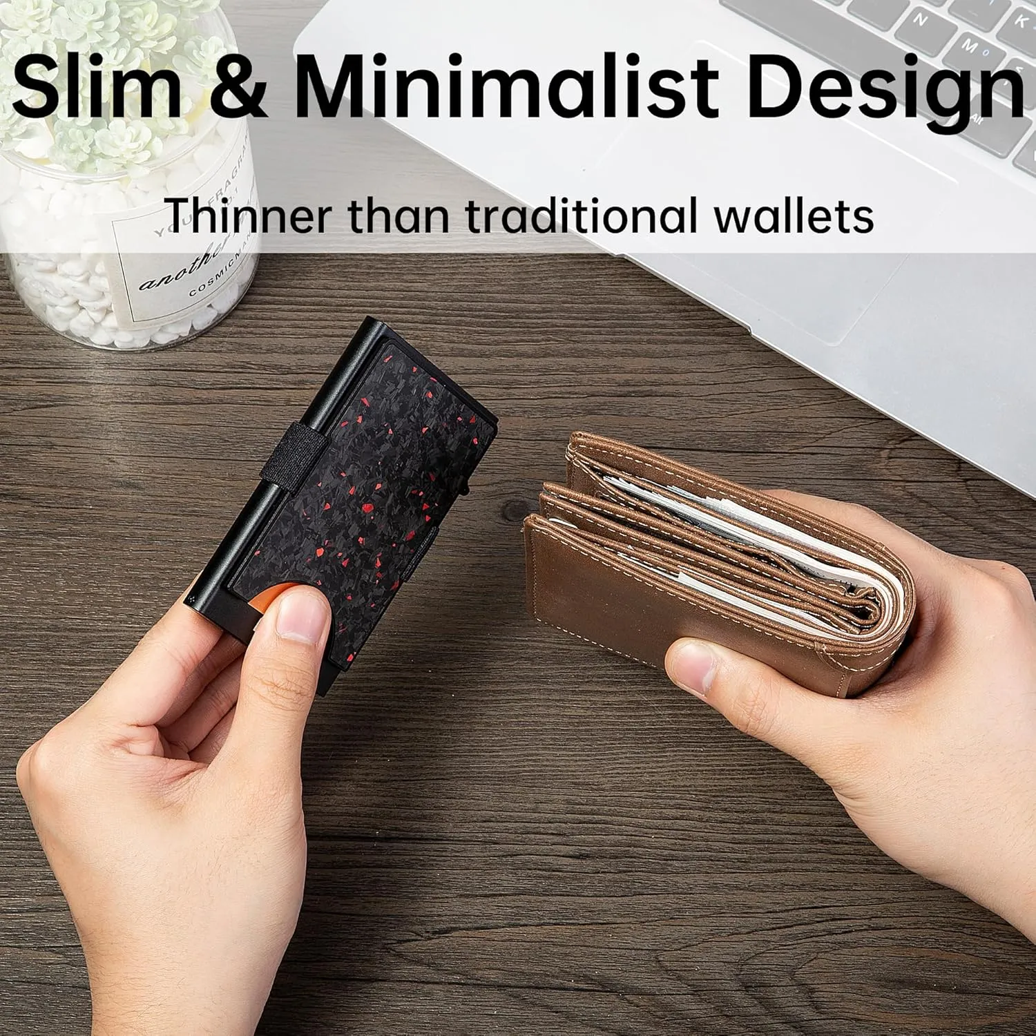 Minimalist Carbon Fiber Wallet for Men, Money Clip Cash Strap Wallet, RFID Blocking Metal Wallet Aluminum Card Holder,Front Pocket Wallet