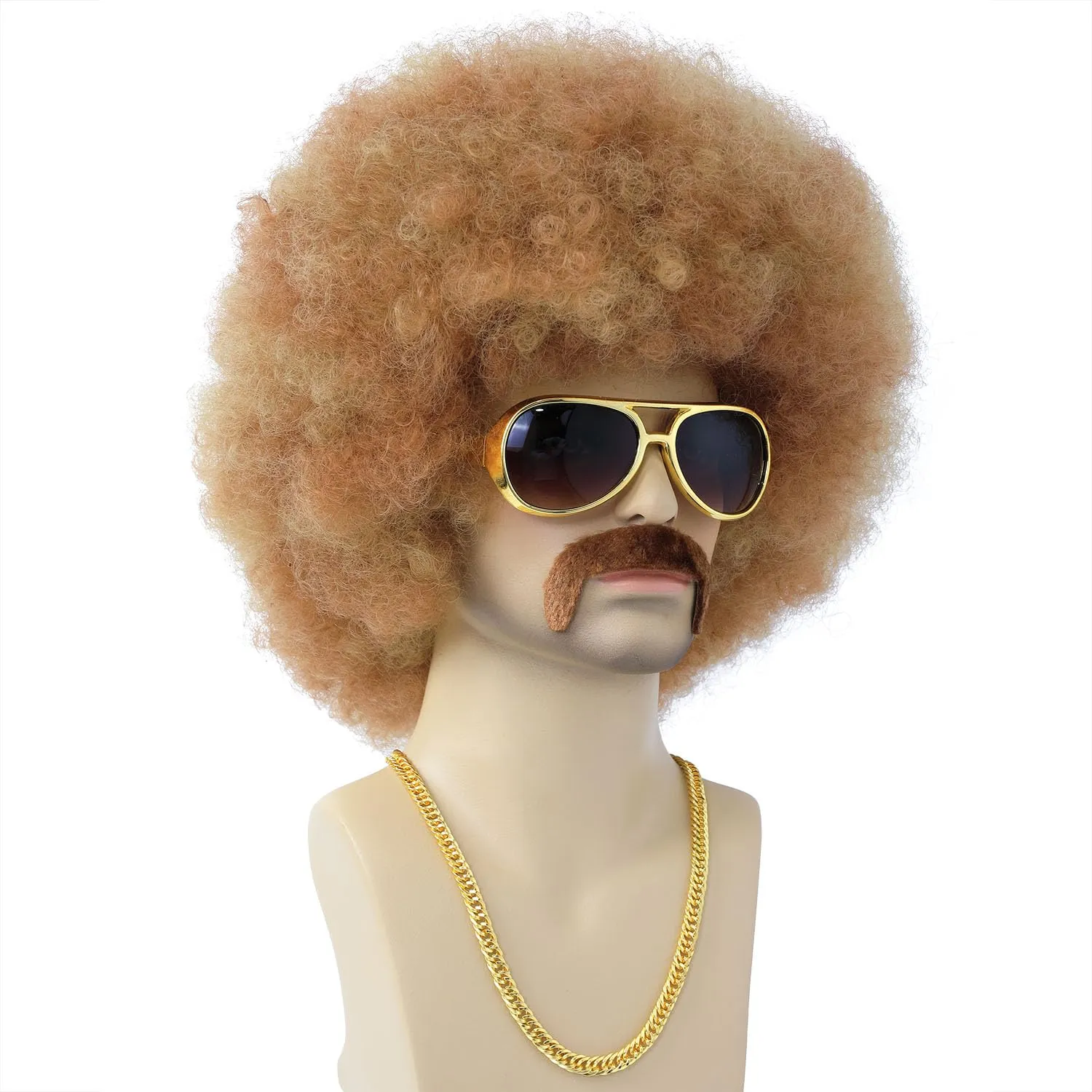 morvally 4 Pieces Set for Men 70s Style Cosplay | Short Black Afro Wig, 1970s Necklace, Glasses, And Mustache for Mens | 70s 80s Curly Retro Disco Rocker Wigs (Blonde)