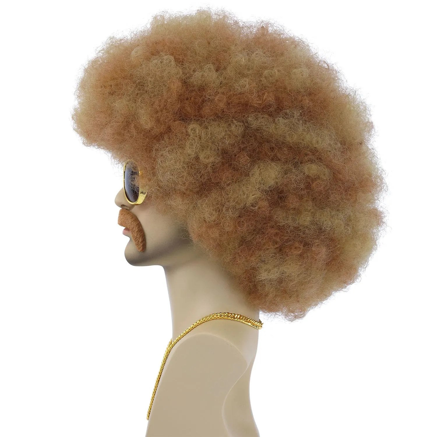 morvally 4 Pieces Set for Men 70s Style Cosplay | Short Black Afro Wig, 1970s Necklace, Glasses, And Mustache for Mens | 70s 80s Curly Retro Disco Rocker Wigs (Blonde)