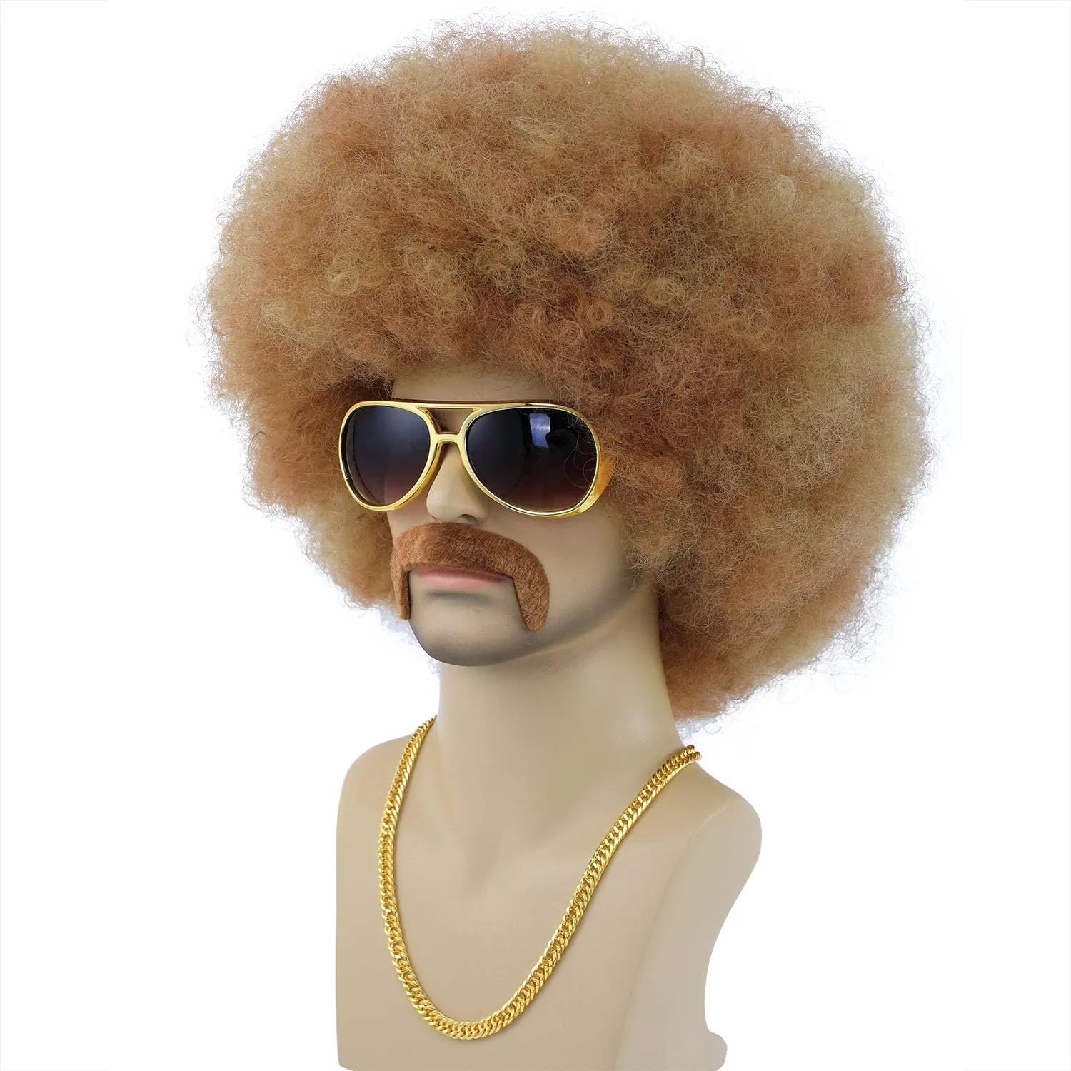 morvally 4 Pieces Set for Men 70s Style Cosplay | Short Black Afro Wig, 1970s Necklace, Glasses, And Mustache for Mens | 70s 80s Curly Retro Disco Rocker Wigs (Blonde)