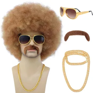 morvally 4 Pieces Set for Men 70s Style Cosplay | Short Black Afro Wig, 1970s Necklace, Glasses, And Mustache for Mens | 70s 80s Curly Retro Disco Rocker Wigs (Blonde)