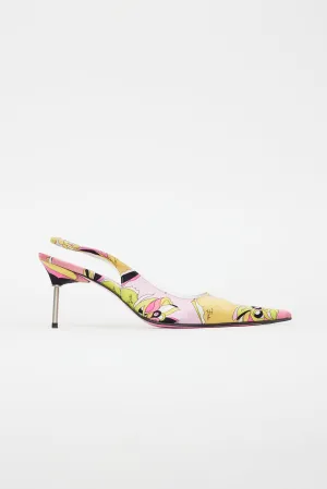 Pink & Yellow Satin Pattern Slingback Heel