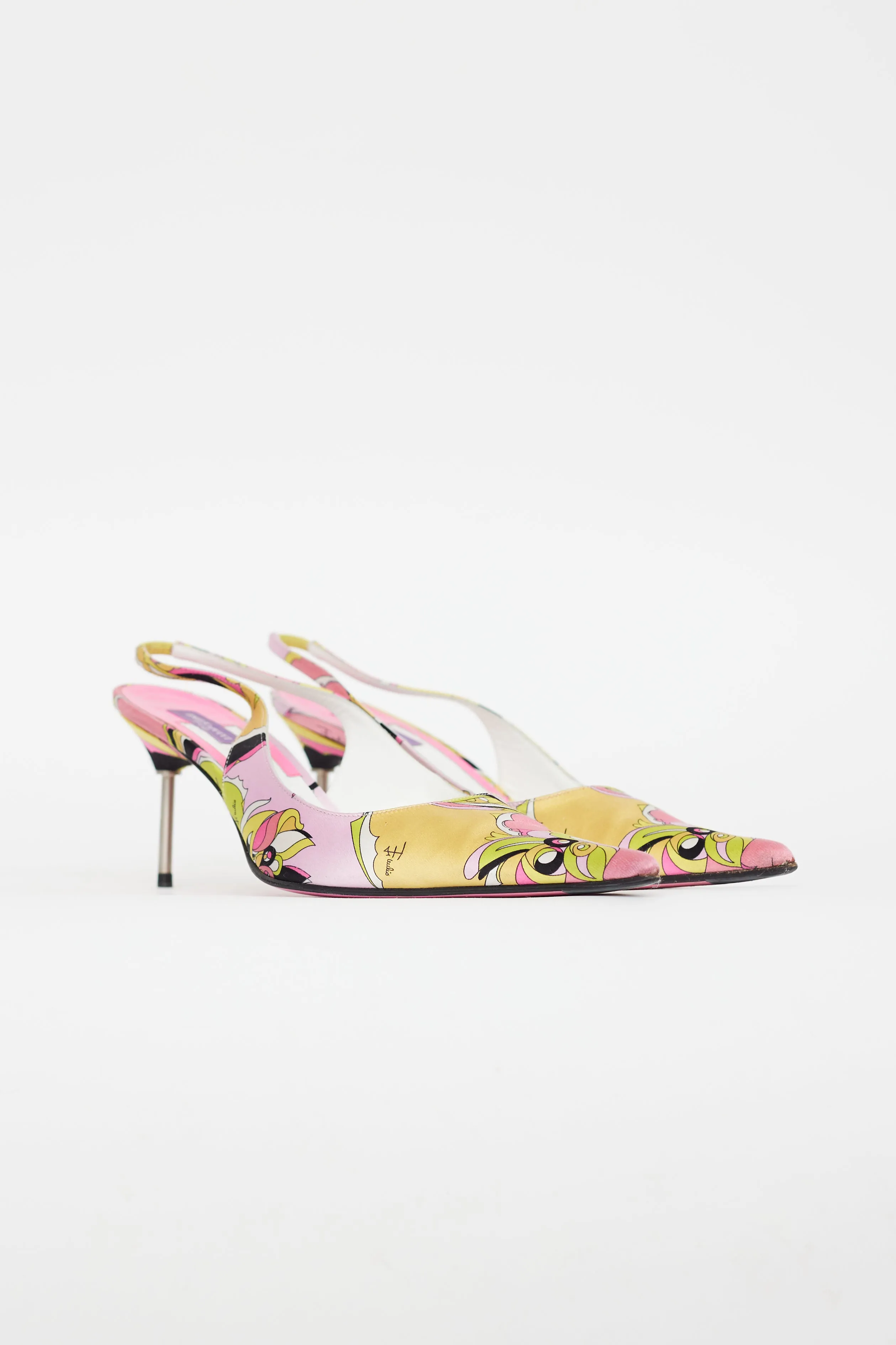 Pink & Yellow Satin Pattern Slingback Heel
