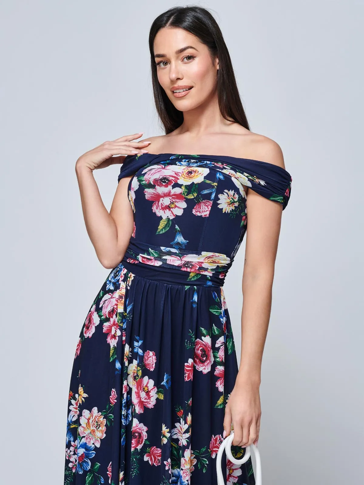 Rawiya Bardot Neck Mesh Dress, Navy Floral