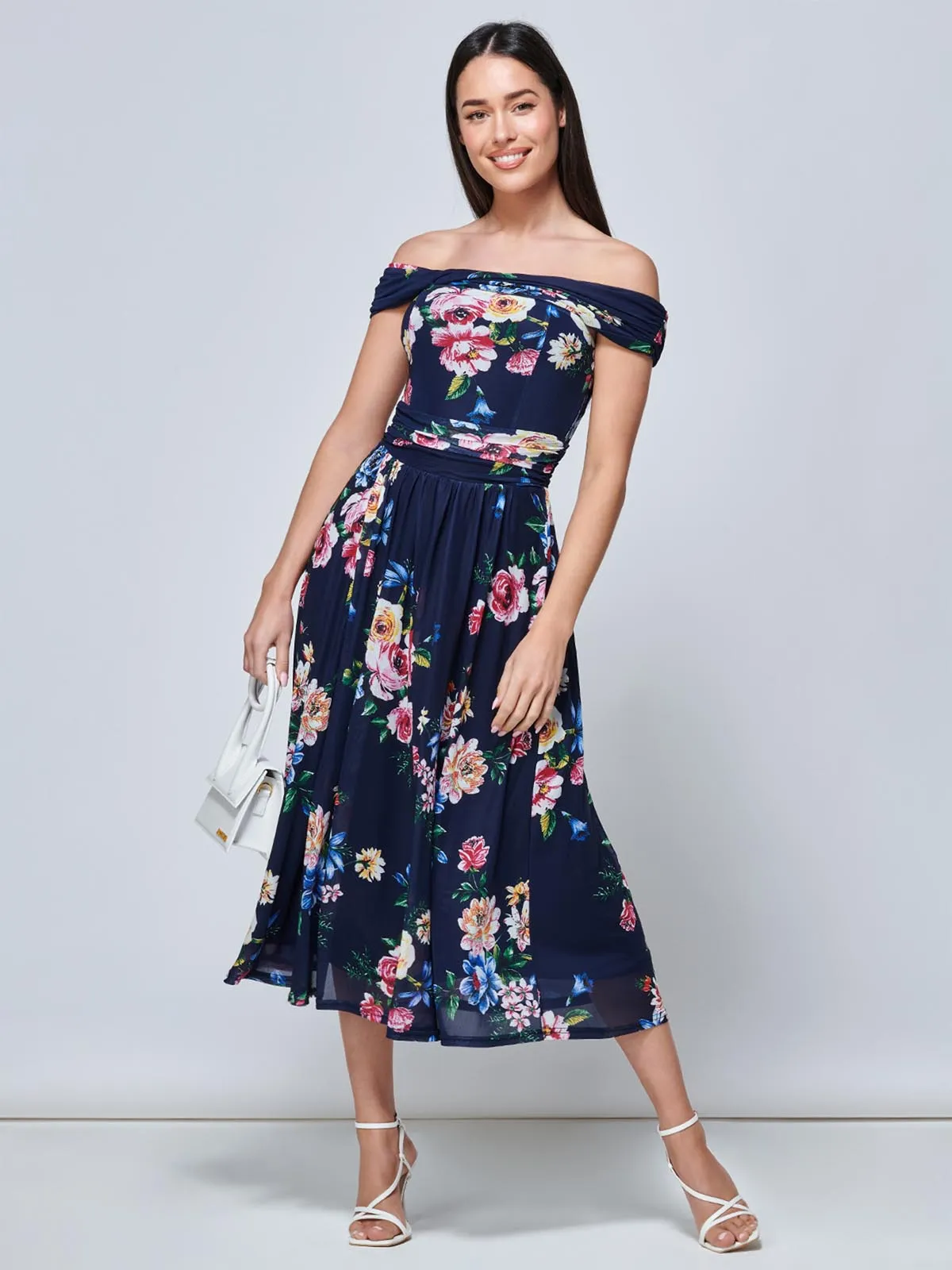 Rawiya Bardot Neck Mesh Dress, Navy Floral