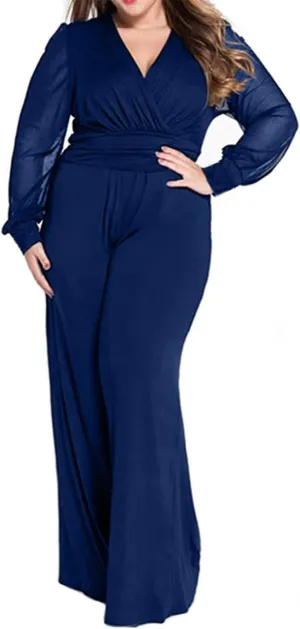 RED DOT BOUTIQUE 701 - Plus Size Mesh Long Sleeve V Wrap Neck Wide Leg Pants One Piece Jumpsuit
