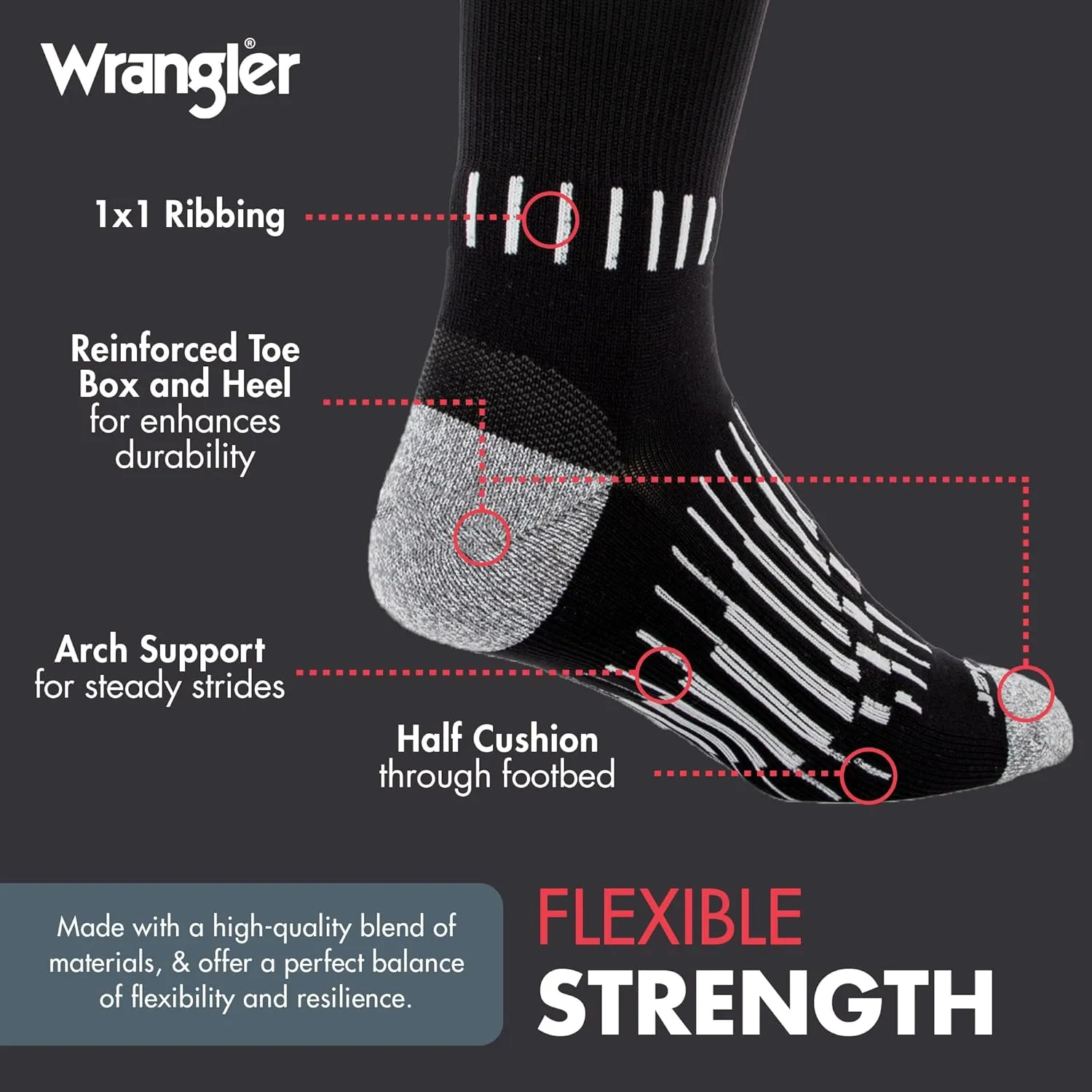Wrangler - Peak Men's Crew Socks - Durable Half Cushion Socks with Arch Support